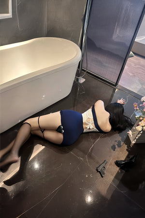 Navy Blue Security-Inspired Mini Dress – Halter Top with Button Details & Skirt, One Size, L0013