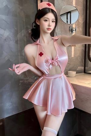 Pink Satin Nurse-Inspired Costume Set – Halter Mini Dress with Matching Hat, One Size, L2013