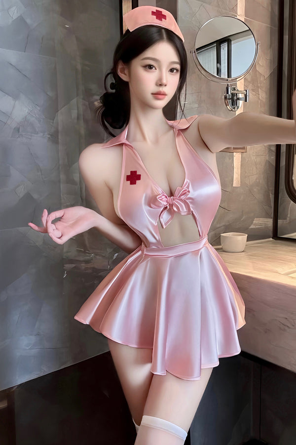 Pink Satin Nurse-Inspired Costume Set – Halter Mini Dress with Matching Hat, One Size, L2013