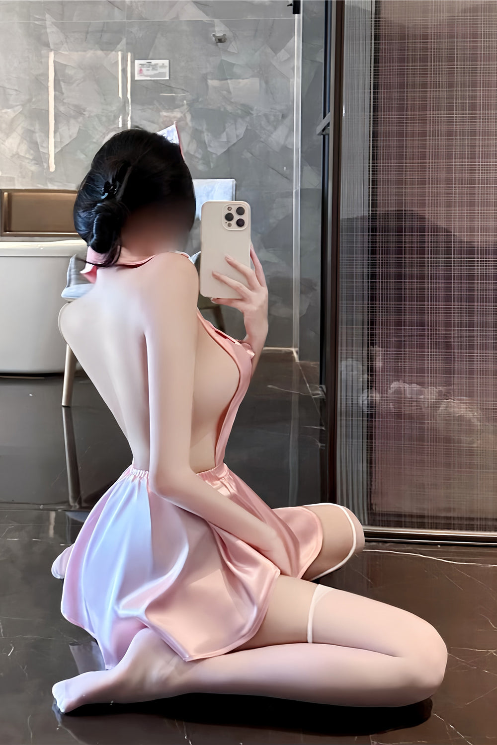 Pink Satin Nurse-Inspired Costume Set – Halter Mini Dress with Matching Hat, One Size, L2013