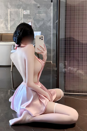 Pink Satin Nurse-Inspired Costume Set – Halter Mini Dress with Matching Hat, One Size, L2013