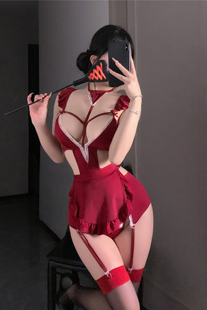 Deep Red Cutout Lingerie Set – Strappy Halter Design with Lace Trim and Satin Bow Detail, One Size, L7212