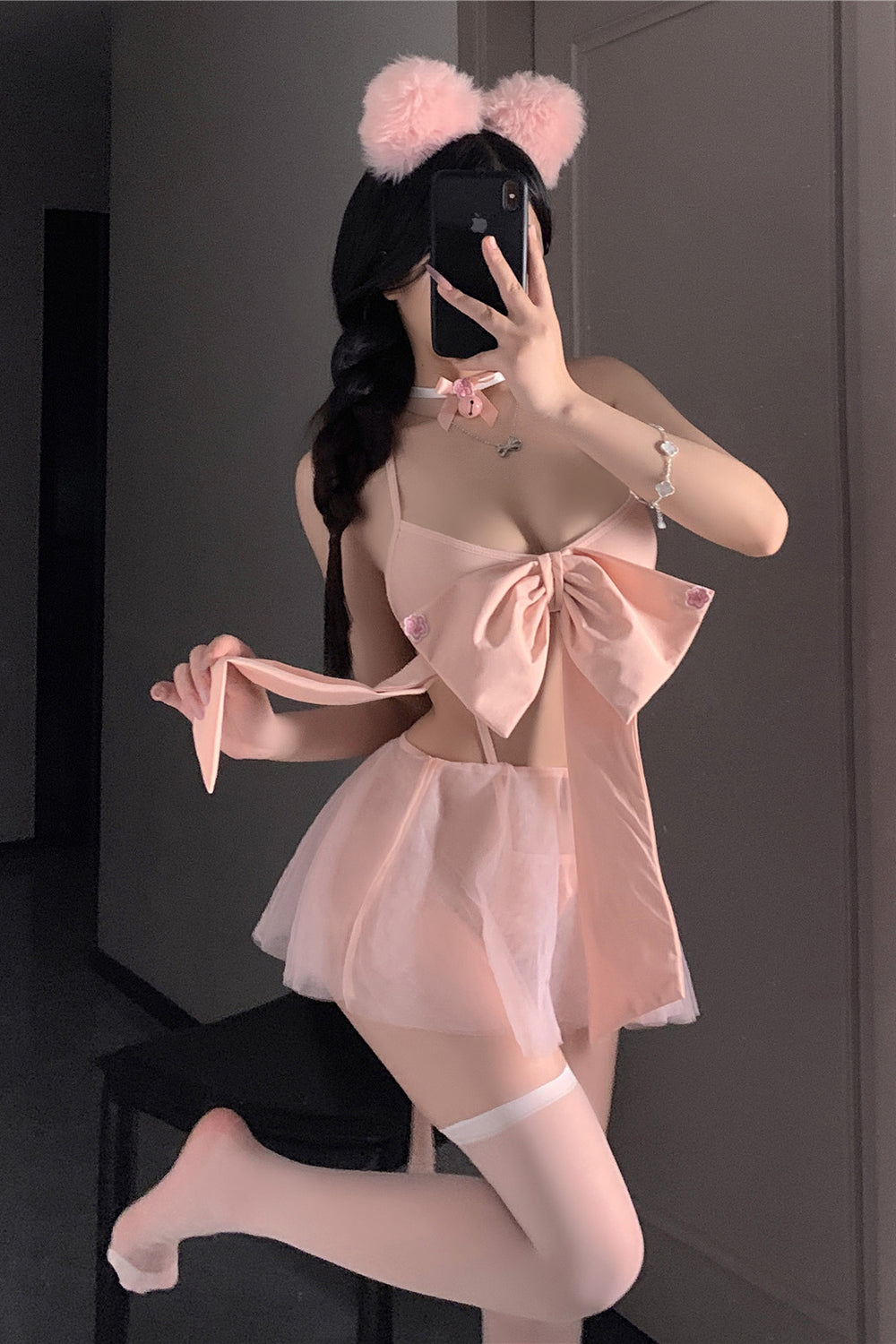 Sweet Pink Bow Lingerie Dress – Sheer Tulle Babydoll with Oversized Bow and Adjustable Straps, One Size, L7412